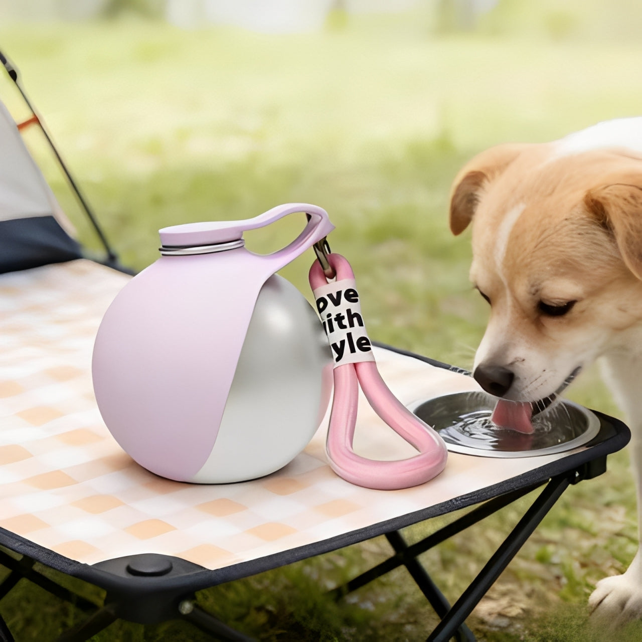 Dog Travel Water Bottle The Nomad™ Kinetic Hydration Orb on a camping chair with a dog drinking water.