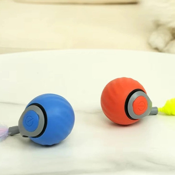 Interactive pet ball in blue and red colors, designed for cats and dogs to play with.