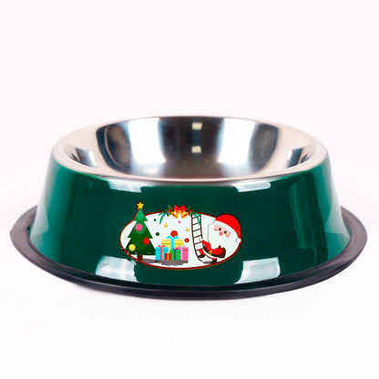 Christmas-themed stainless steel pet bowl with cartoon print and non-slip base for cats and dogs