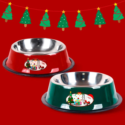 Christmas-themed stainless steel pet bowl with cartoon print and non-slip base for cats and dogs