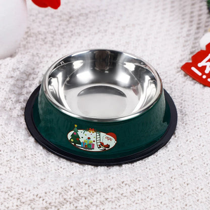 Christmas-themed stainless steel pet bowl with cartoon print and non-slip base for cats and dogs