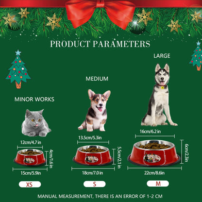 Christmas-themed stainless steel pet bowl with cartoon print and non-slip base for cats and dogs
