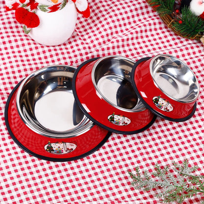 Christmas-themed stainless steel pet bowl with cartoon print and non-slip base for cats and dogs