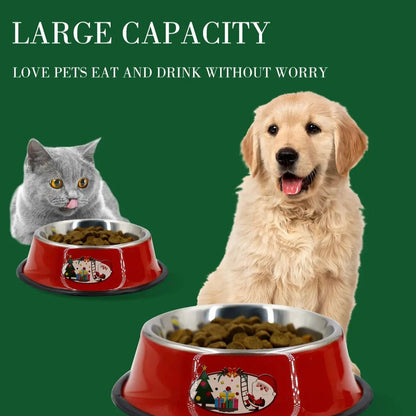 Christmas-themed stainless steel pet bowl with cartoon print and non-slip base for cats and dogs