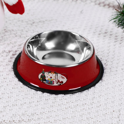 Christmas-themed stainless steel pet bowl with cartoon print and non-slip base for cats and dogs