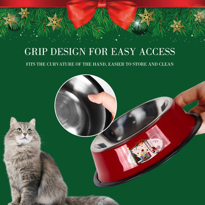 Christmas-themed stainless steel pet bowl with cartoon print and non-slip base for cats and dogs