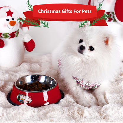 Christmas-themed stainless steel pet bowl with cartoon print and non-slip base for cats and dogs