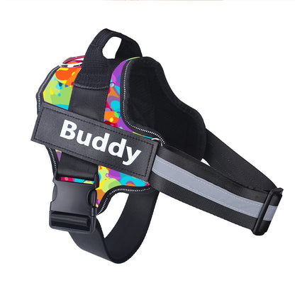 Dog wearing adjustable no-pull harness with reflective strips