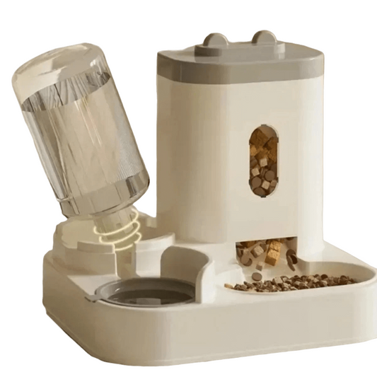 Automatic feeder and water fountain for cats and dogs, featuring a large capacity and gravity-powered design for continuous food and water supply