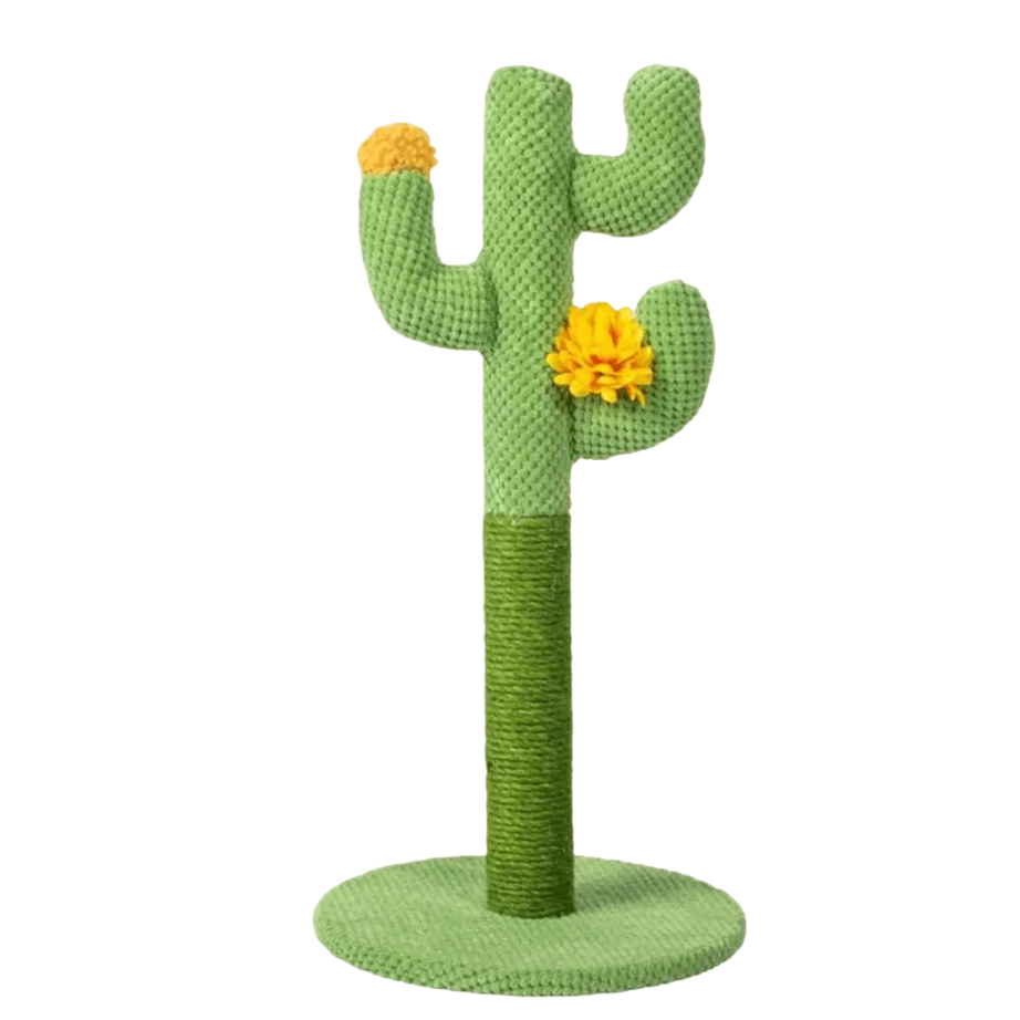 Cactus-shaped cat scratcher tree providing entertainment and exercise for cats.