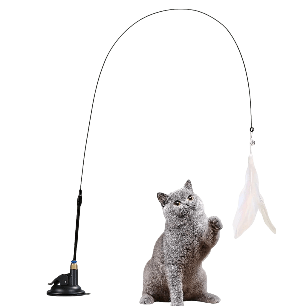 Interactive cat teaser toy with bell and feather wand, featuring a suction cup for exciting playtime adventures.