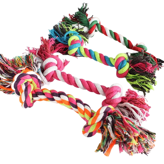 Durable cotton rope chew toy for small dogs and puppies, designed to relieve stuffed teeth and promote oral health while providing entertainment.