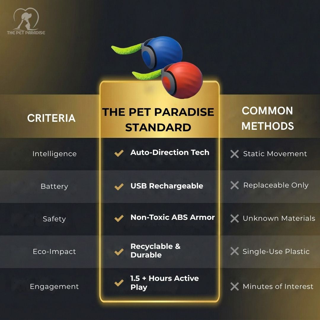 Infographic detailing interactive pet ball features: auto-direction tech, USB rechargeable, non-toxic materials, and durability.
