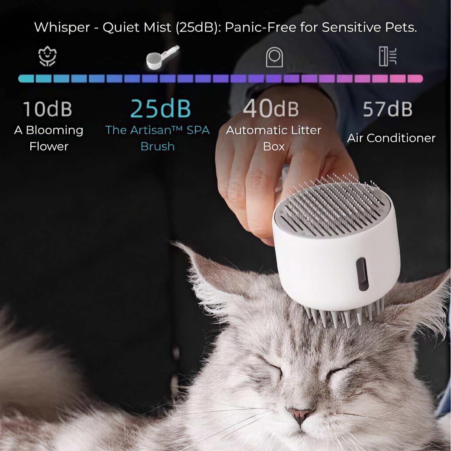 Pet grooming with The Artisan™ Dual-Sided brush, providing a quiet mist for sensitive pets, ensuring a calm experience.