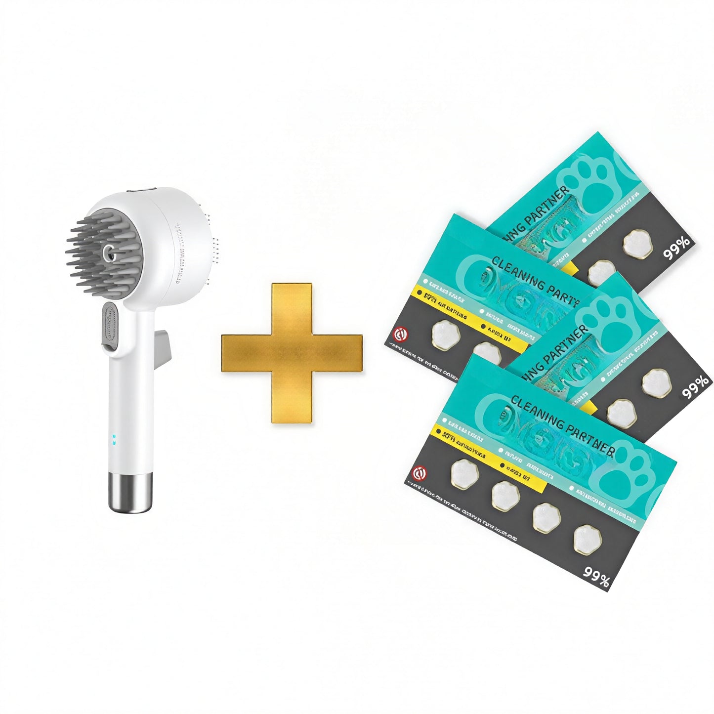 Pet grooming tools including a dual-sided brush and cleaning pads for effective pet grooming.