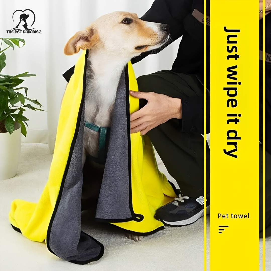 Dog being dried with a cozy yellow Dry-Swift™ Magic Pet Bathrobe, showcasing ultra-absorbent microfiber towel for pets.