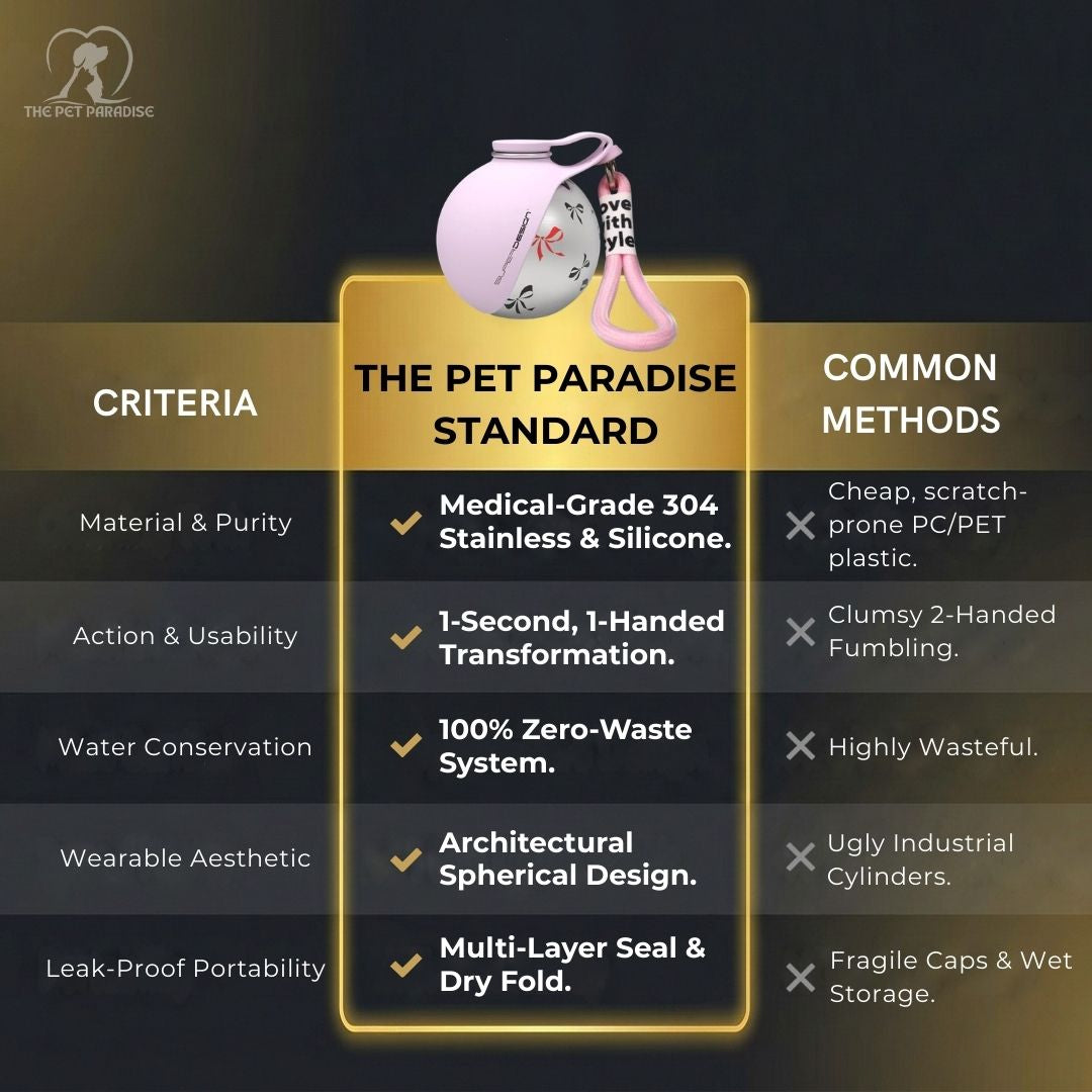 Infographic comparing dog travel water bottle features with common methods, highlighting The Pet Paradise Standard.