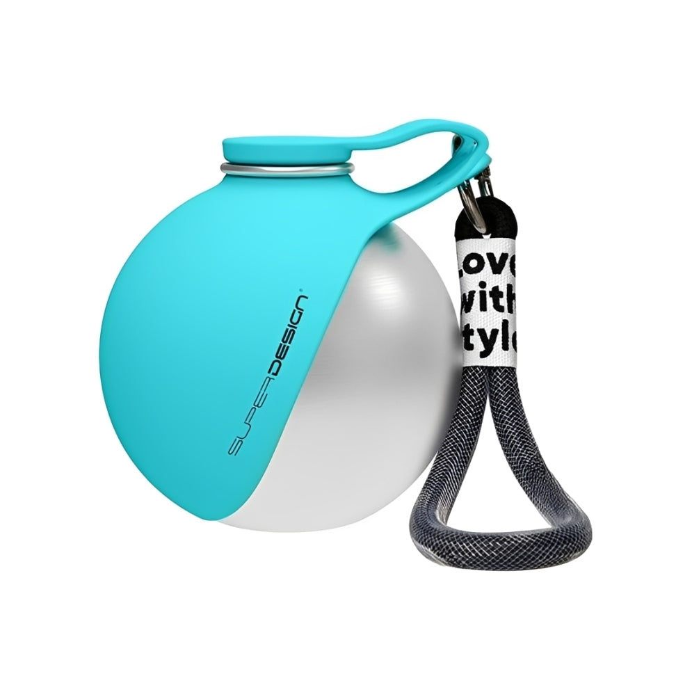 Dog travel water bottle The Nomad™ Kinetic Hydration Orb in teal and silver with leash.