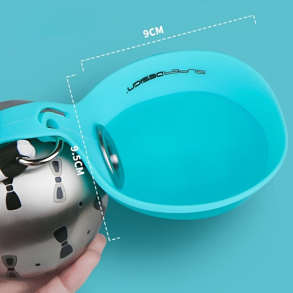 Dog travel water bottle showing measurement details for the silicone bowl and stainless steel bottle.