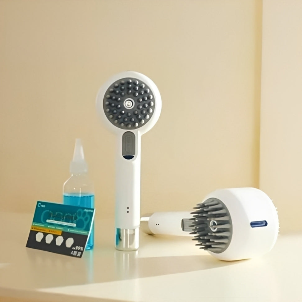 Pet grooming tools including a dual-sided brush and grooming solution for effective pet grooming.