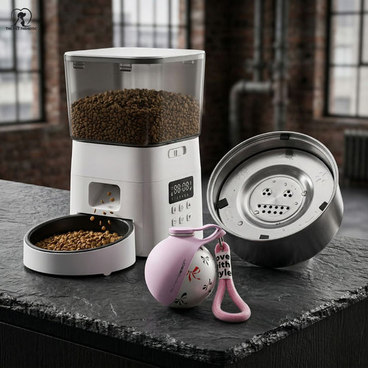 All-Terrain Dog Bundle including a pet food dispenser, feeding bowl, and dog toy on a dark countertop.