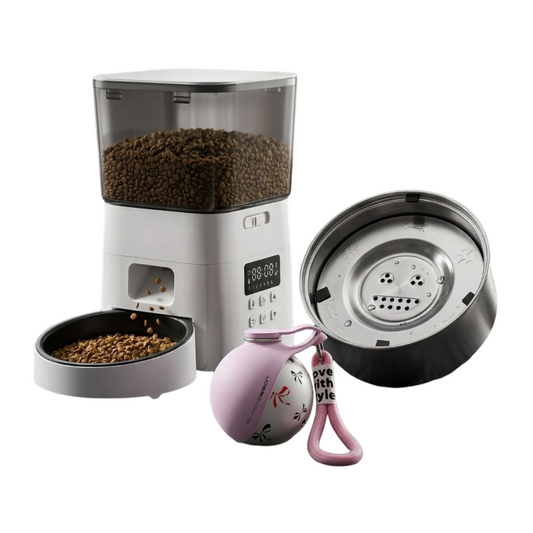 Image of an all-terrain dog bundle including a pet food dispenser and accessories for medium to large dogs.