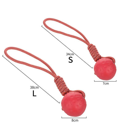 Durable red rubber dog ball made from TPR, designed for strong chewers and active dogs, available in multiple sizes.