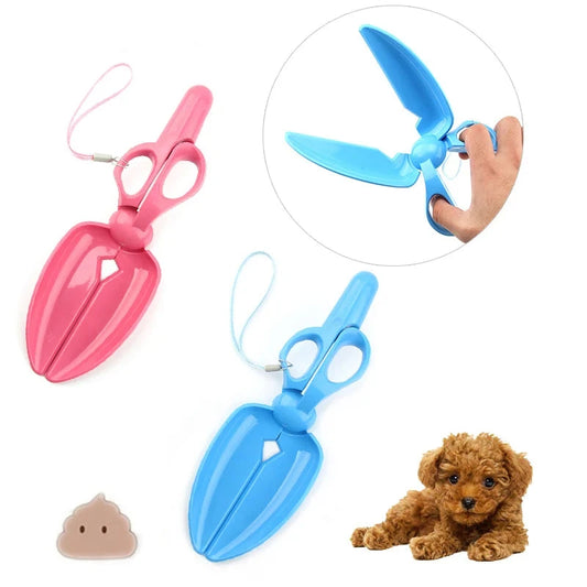 Outdoor scissors shape dog pooper scooper in pink and blue for efficient pet waste cleanup.