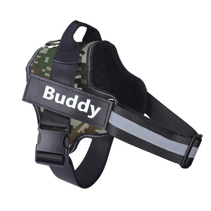 Dog wearing adjustable no-pull harness with reflective strips