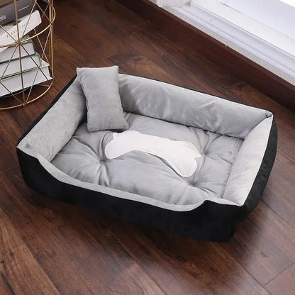 Bone-shaped soft cotton dog bed, washable and breathable with warm padding, designed for year-round comfort and suitable for dogs of all sizes.