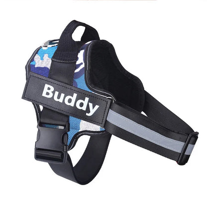 Dog wearing adjustable no-pull harness with reflective strips