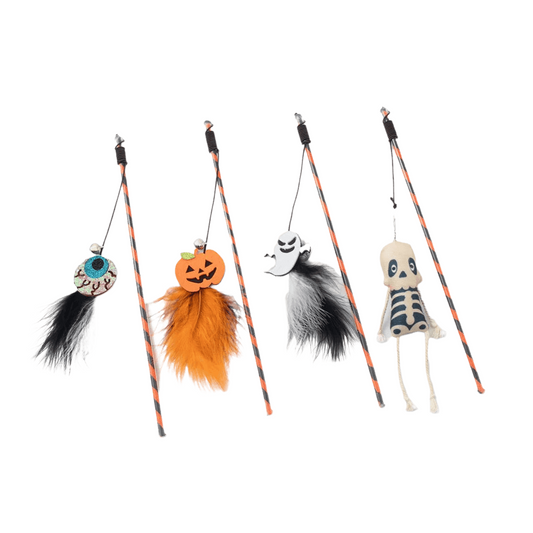 Interactive Halloween cat teaser wand with pumpkin and ghost designs, featuring feathers and a bell for engaging playtime.