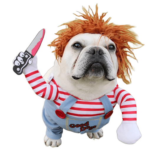 Funny Halloween dog costume set with adjustable outfit, wig, and foam knife prop for medium to large dogs