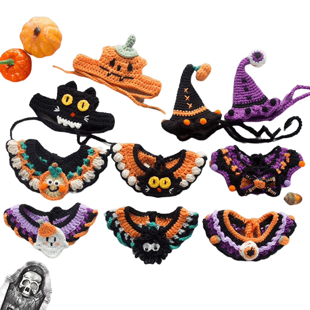 Hand-knit Halloween pet collar bib featuring ghost designs, perfect for dressing up cats and dogs during the spooky season.