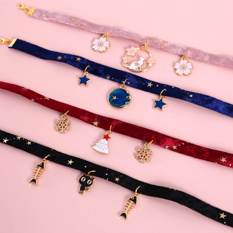 The Pet Paradise | Velvet Bronzing Star Adjustable Necklace Collar for Cats and Puppies with Fishbone, Sakura, Starry Sky Designs