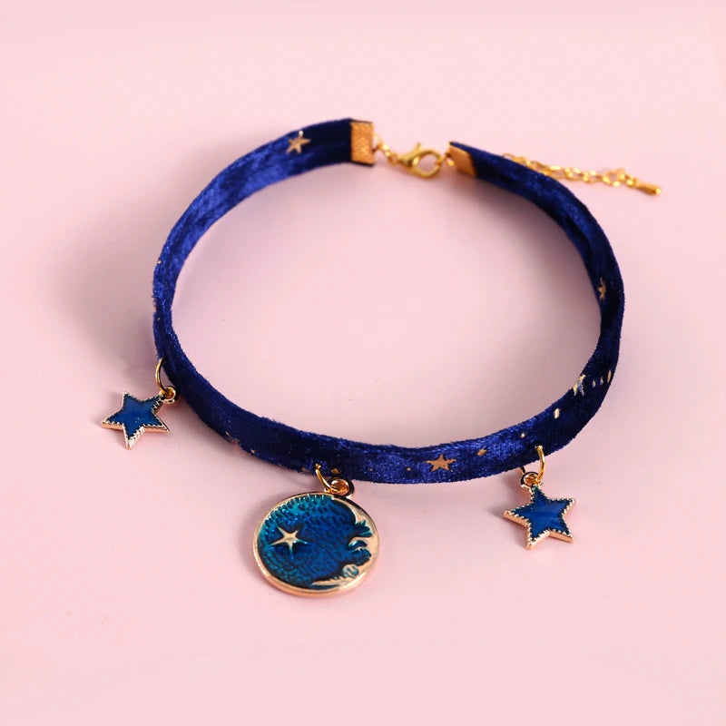 The Pet Paradise | Velvet Bronzing Star Adjustable Necklace Collar for Cats and Puppies with Fishbone, Sakura, Starry Sky Designs