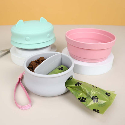 Foldable 3-in-1 pet travel box with bowl, water cup, and waste bag dispenser