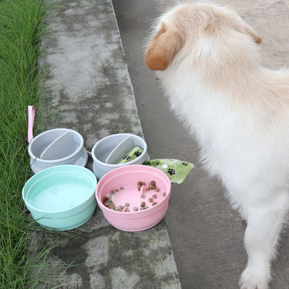 Foldable 3-in-1 pet travel box with bowl, water cup, and waste bag dispenser