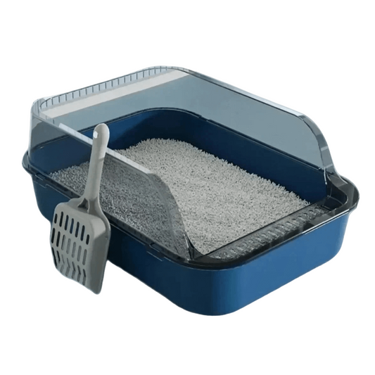 Open cat litter box with high sides and splashproof design for easy access and cleaner environment.