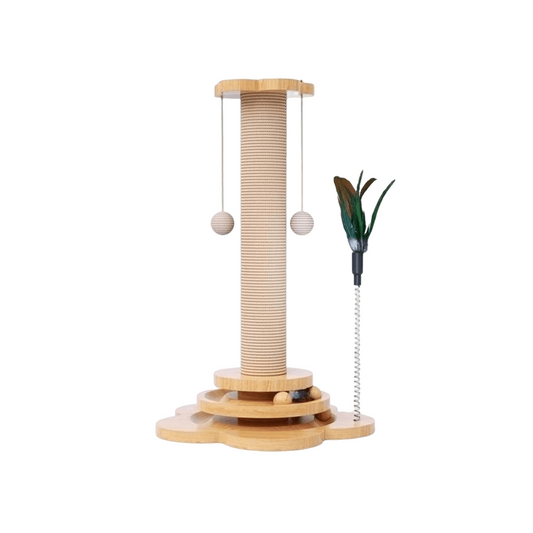 Solid wood cat turntable toy with sisal scratching board and interactive play balls.