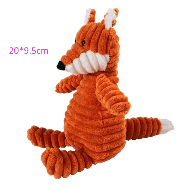 Plush dog toy in various animal shapes with squeaker, made from durable corduroy fabric, perfect for small and large dogs.