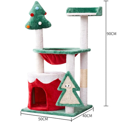 Christmas-themed cat climbing shelf with hammock and scratching post