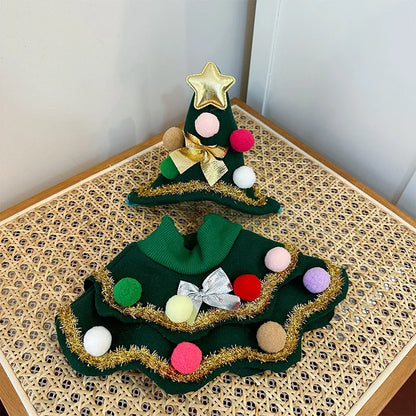 Cat or small dog wearing a festive tweed Christmas scarf collar with elastic bib design