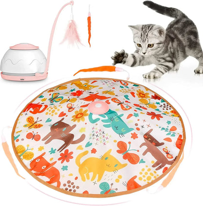 USB rechargeable electric cat toy with 360° rotation, feather attachments, and four interactive speed modes.