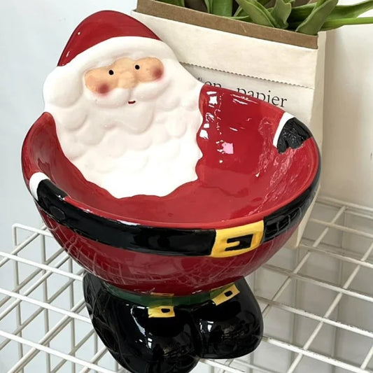 Ceramic Santa Claus pet bowl with raised base for cats and dogs, perfect for Christmas