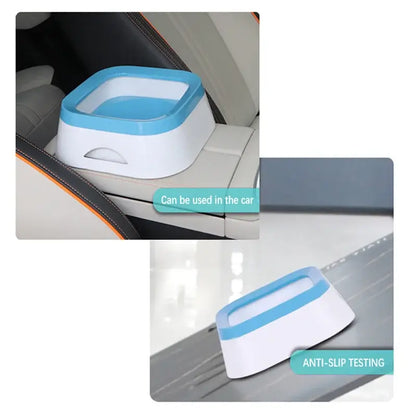 Anti-splash pet water bowl with 1L capacity and floating disk design, spill-proof solution for dogs and cats at home or on the go.