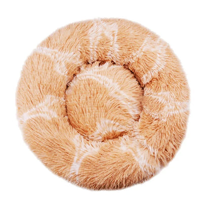 Ultra-soft round plush pet bed for cats and dogs, winter-ready with long plush fabric and non-slip base, available in sizes from 40cm to 90cm.