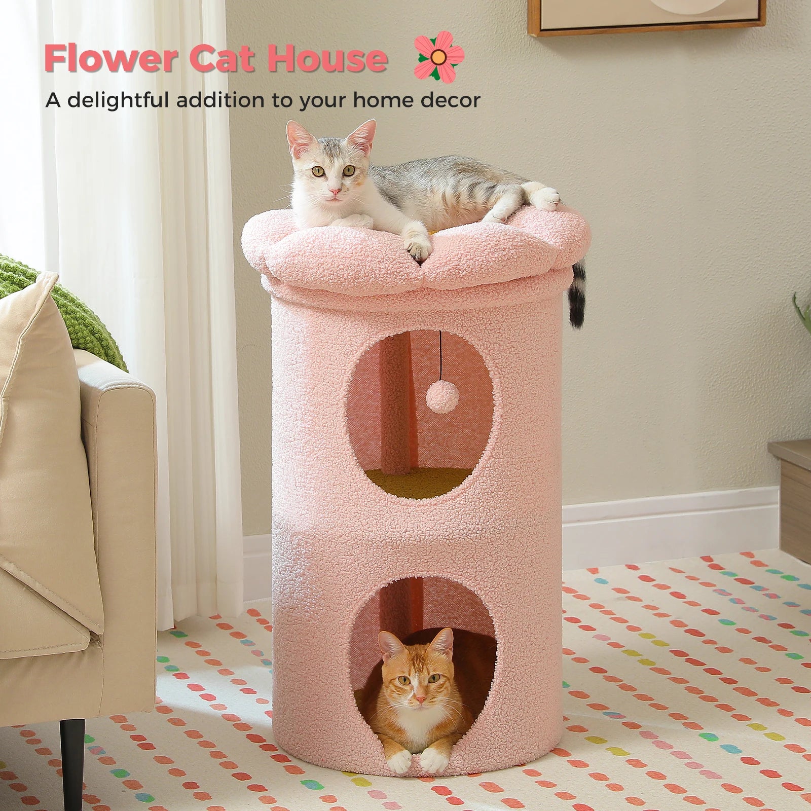 Double-deck cat house with cozy condos, luxury flower perch, and pompom ball for indoor cats.