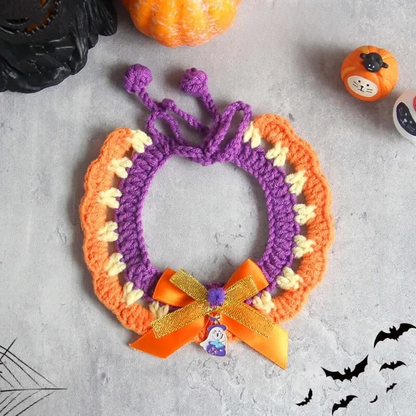 Hand-knit Halloween Pet Collar Bib for cats and dogs, perfect for adding a spooky touch to Halloween costumes.