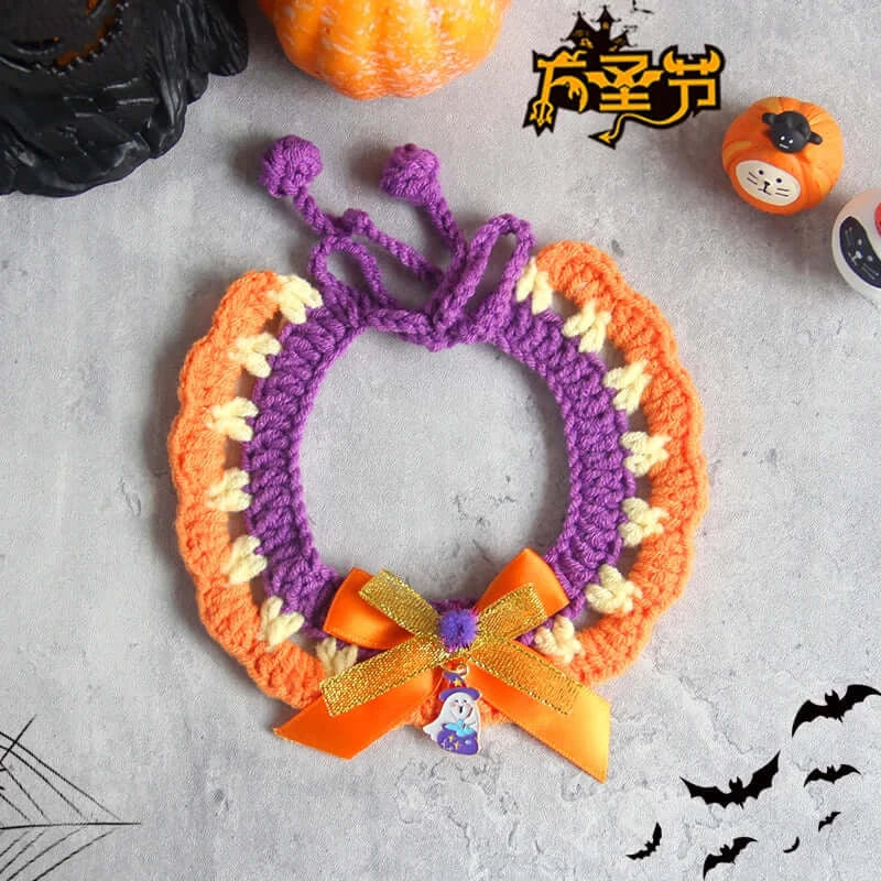 Hand-knit Halloween pet collar bib featuring ghost designs, perfect for dressing up cats and dogs during the spooky season.